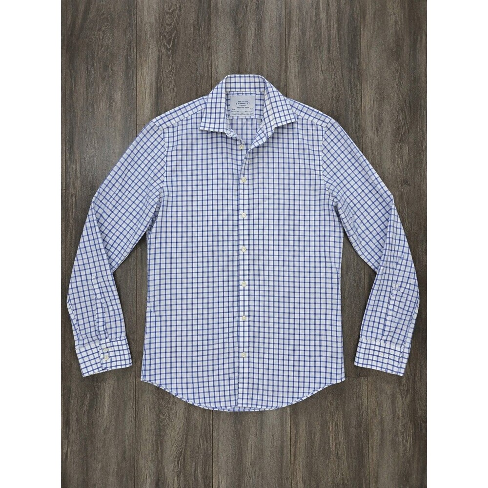 Charles Tyrwhitt Mens 15/34 Blue Check Non Iron Extra Slim Fit Dress Shirt